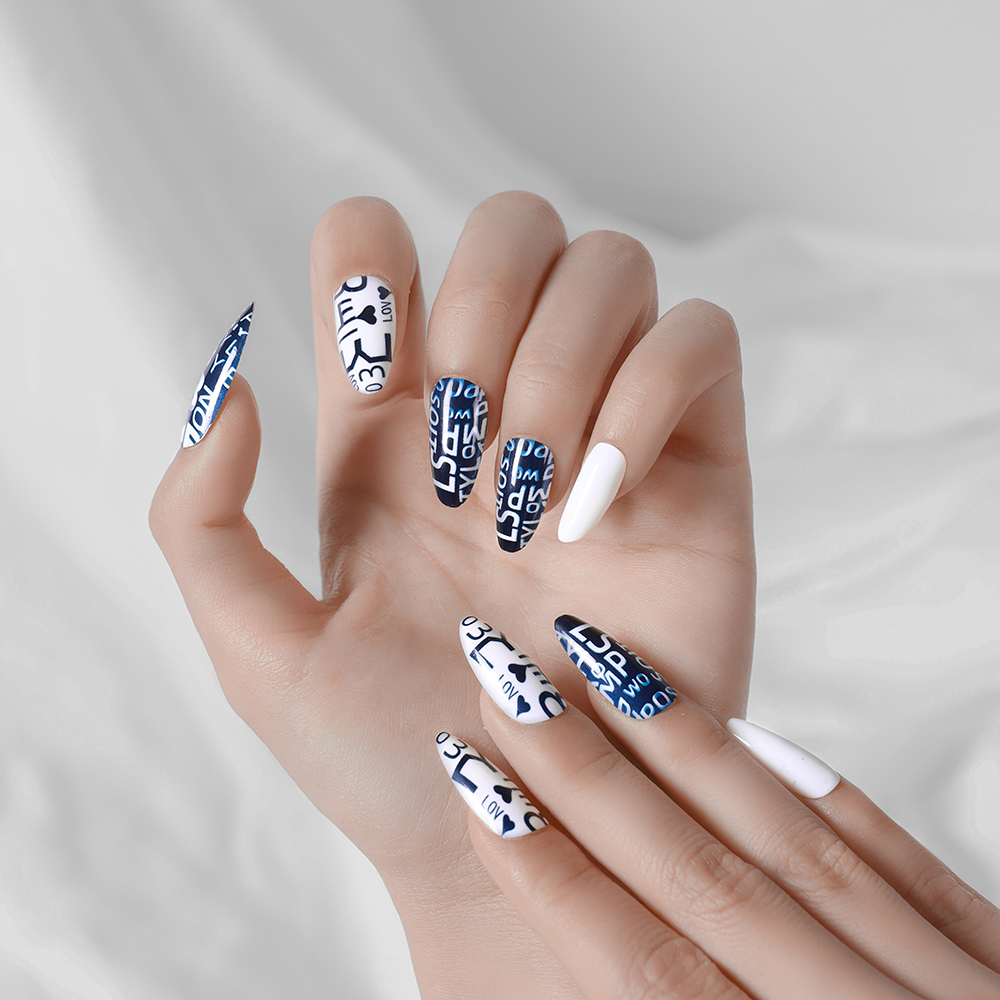 BATENG Alphabet Long Blue Almond Press On Nails