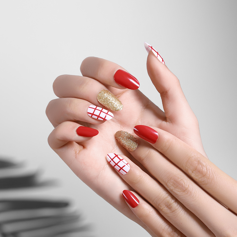 BATENG Red Grid False Nails