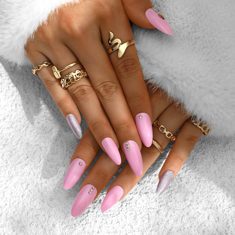 BATENG Pink Long Almond Press On Nails with Jewel